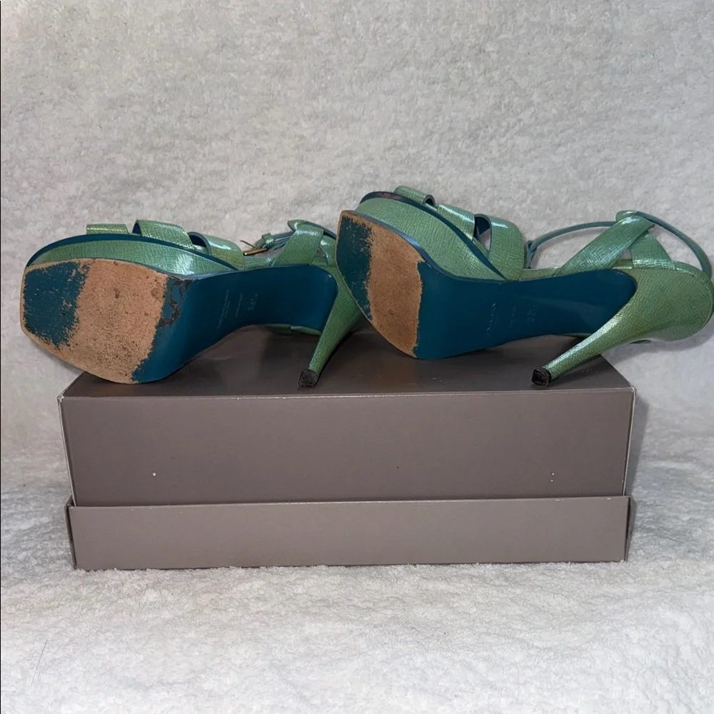 YSL Yves Saint Laurent Tribute Green Lizard Embossed Platform Heels Sandals 36.5